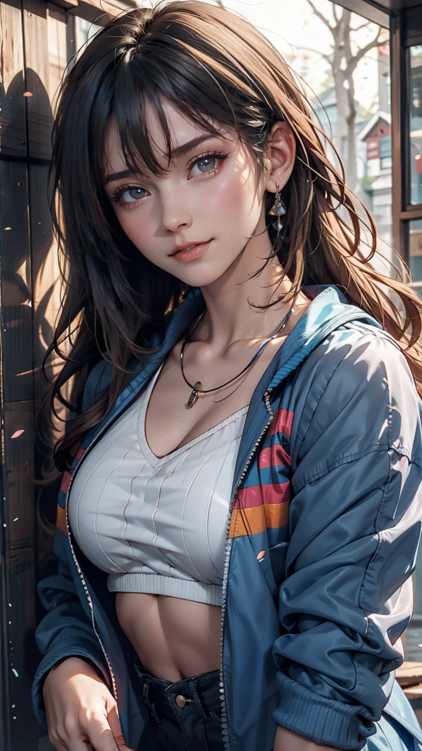 Asian woman in a blue jacket leaning against a wall, Face close-up, Side light