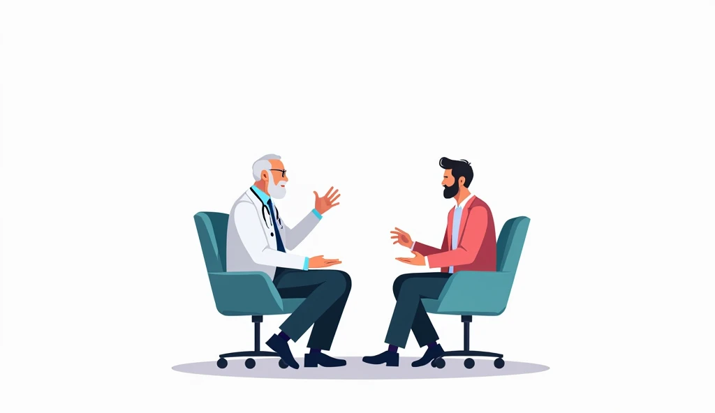 Minimalist UI illustration of An old doctor sat talking to a 30 years old male in hospital office, in a flat illustration style on a white background with bright color scheme, dribbble, flat vector