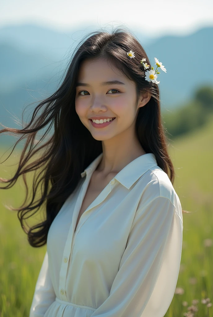 Prompt for creating art images:

Title of the work: "The Wind of Youth"

Description of work:

Create a masterpiece image with a high level of realism and beautiful details (Complexity: 1.3). It features a 1 in a pose that reflects her freshness and youth.

Characteristics of the young woman:

Age: 17 years
Mood: Cute and bright smile
Hair: Long, beautiful black hair with slight curls.
Eyes: Blue eyes
Face: Very beautiful Thai face.
Skin: Fair skin
Figure: , big breasts
Clothing: Wear a white silk shirt that shows both shoulders and a short skirt.
Posture: leaning sideways, holding hair, wind blowing gently from right to left
Additional details: There are small flowers in the hair.
Scenes and environments:

Location: Outdoors in an open area with grasslands and mountains in the background.
Lighting: Use dramatic lighting to create a striking atmosphere.
Techniques used: Film grain and bokeh are used to add detail and beauty to the image.
Sharpness: The image should have high sharpness, with background and foreground blurred to emphasize the subject.
Uniqueness: Should be natural and look delicate and beautiful.
Quality: Must be viewable in multiple formats and have beautiful resolution, be professionally photographed, have high definition and have won world-class awards.
Presentation:

Point of view: Shows the full body of the woman in a natural pose.
Light and shadow: Lighting must clearly show the subtle play of light and shadow.