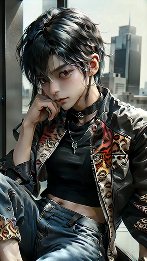 Black Hair、((About boy))、Spiky Hair、choker、Silver Necklace、See-through running shirt、To take apart, to dismantle、Red and leopard print leather jacket、chain、rivet、Distressed jeans with floral embroidery. A room in a high-rise building.、Looking Outside、Sitting in a leather chair with a high back, legs crossed、Sit leaning back、I play with my necklace with my right hand、Tilting his head, he gazes at the buildings beyond the glass、A smirking, scheming expression、A boy sitting in a chair in a high-rise building, looking outside.masterpiece, best quality, detailed, ultra detailed, insanely detailed, exquisite, beautiful、masterpiece、((Beautiful Face))Digital Art、8k、Anime Style