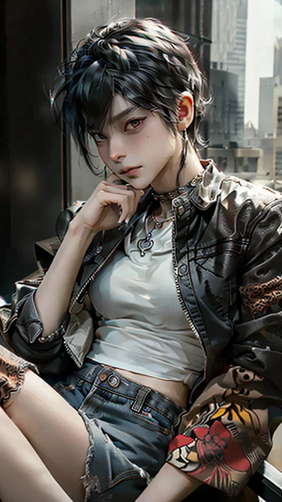 Black Hair、((About boy))、Spiky Hair、choker、Silver Necklace、See-through running shirt、To take apart, to dismantle、Red and leopard print leather jacket、chain、rivet、Distressed jeans with floral embroidery. A room in a high-rise building.、Looking Outside、Sitting in a leather chair with a high back, legs crossed、Sit leaning back、I play with my necklace with my right hand、Tilting his head, he gazes at the buildings beyond the glass、A smirking, scheming expression、A boy sitting in a chair in a high-rise building, looking outside.masterpiece, best quality, detailed, ultra detailed, insanely detailed, exquisite, beautiful、masterpiece、((Beautiful Face))