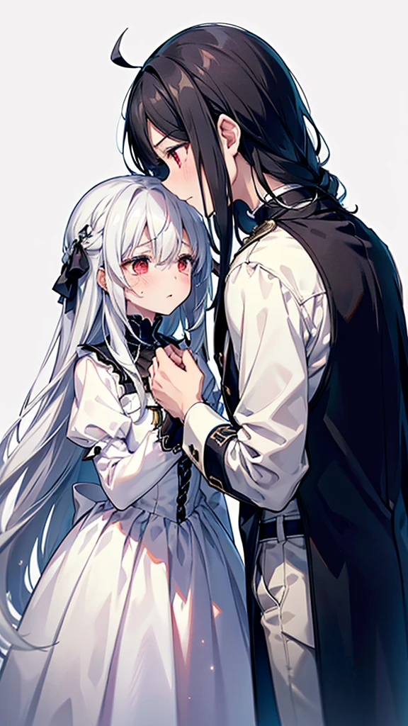 2 people、Young lady and boy with long hair, High resolution, chest, blush, Very long hair, Gray Hair, Ahoge, High resolution, masterpiece, Highest quality, Simple Background, Rear view, Red eyes, Remove the hood, Sparkle Effect, Please open your mouth a little, tears, Are crying, I want to cry, Red face, profile、Gothic interior、White Dress、Noble、Lady、The boy is comforted、Patting the head、少年はtearsぐんでいる、The boy has black hair and eyes、The boy is shorter than the lady.、The young lady comforts、The lady is an albino