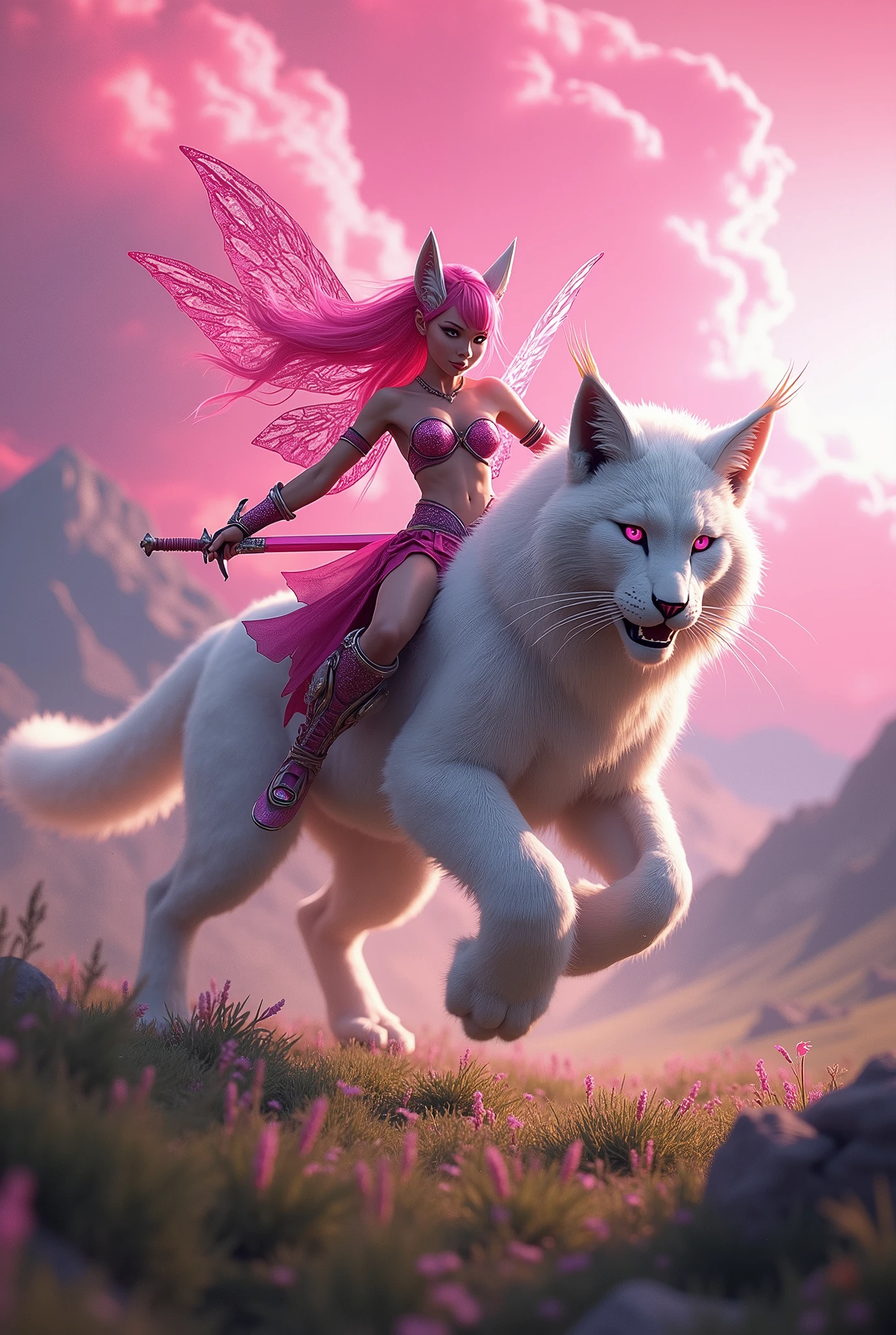 A pink hair edle fairy with a sharp pink sword, riding a white lynx with pink eyes and a sharp nose in a battle field in a valley of its own, with a backdrop of a pink sky with a sharp, defined border. HD, 8K, ultra-realistic, hyper-detailed, hyper-quality, bright lighting, faded.