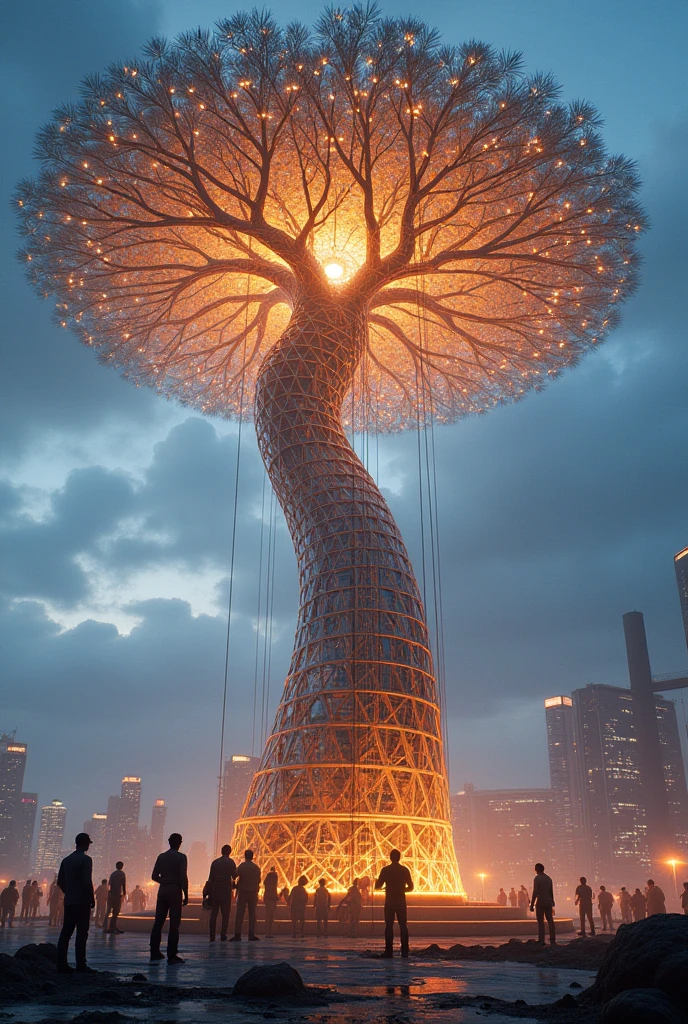 Workers helping and building a large tree with a metal structure and lights that represents the construction of the future of the people who see the leaves. Represent the future