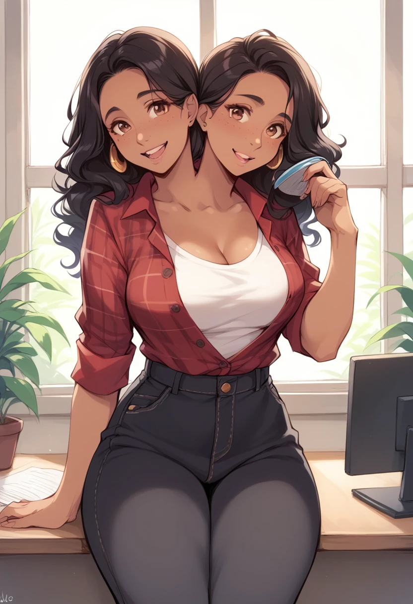 2heads, a thick woman with two heads. She is in a call center office with many cubicles. She is wearing an unbuttoned plaid flannel shirt, t-shirt underneath, and black pants. Native American face. She has messy long curly long dark hair. She has baggy eyes. She has a big thighs. Flirty.