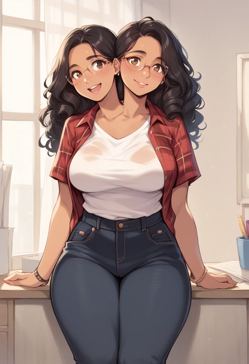 2heads, a thick woman with two heads. She is in a call center office with many cubicles. She is wearing an unbuttoned plaid flannel shirt, t-shirt underneath, and black pants. Native American face. She has messy long curly long dark hair. She has baggy eyes. She has a big thighs. Flirty.