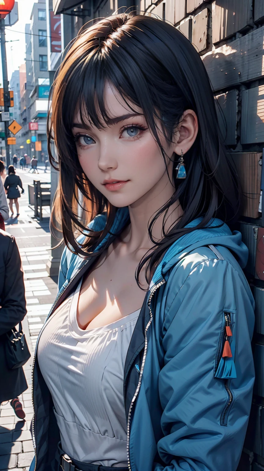 Asian woman in a blue jacket leaning against a wall, Face close-up, Side light
