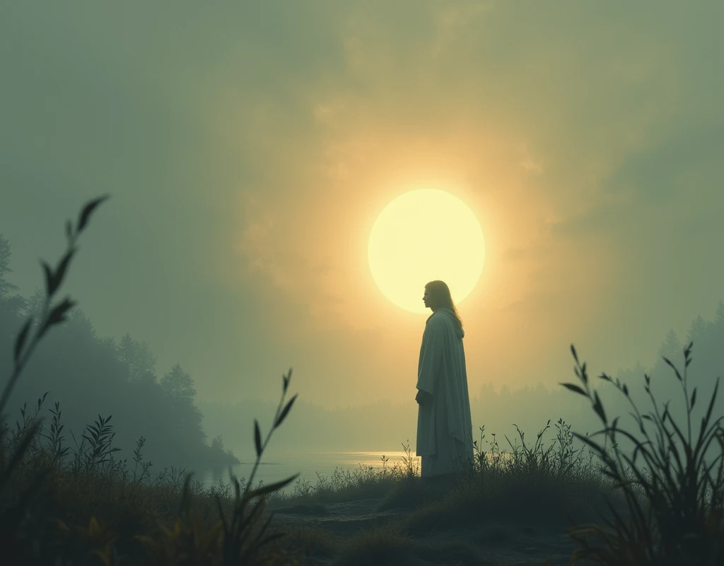 Champion's Dawn Vigil: Reflective, tranquil, oil painting, muted colors, solitary figure, sunrise glow