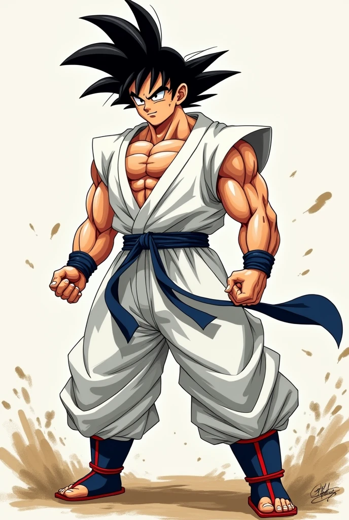 Make a drawing of Goku from Dragon Ball Z, wearing a white jiu jitsu kimono, the drawing must have the same features and aesthetics as the original anime
