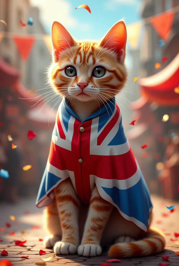 Un jolie chat avec un drapeau Angleterre comme vêtements dans un carnaval