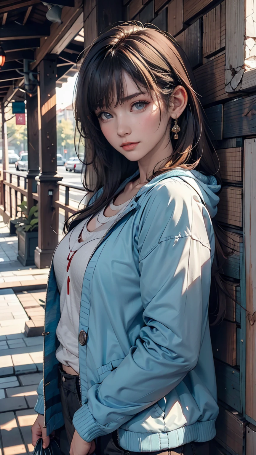 Asian woman in a blue jacket leaning against a wall, Face close-up, Side light