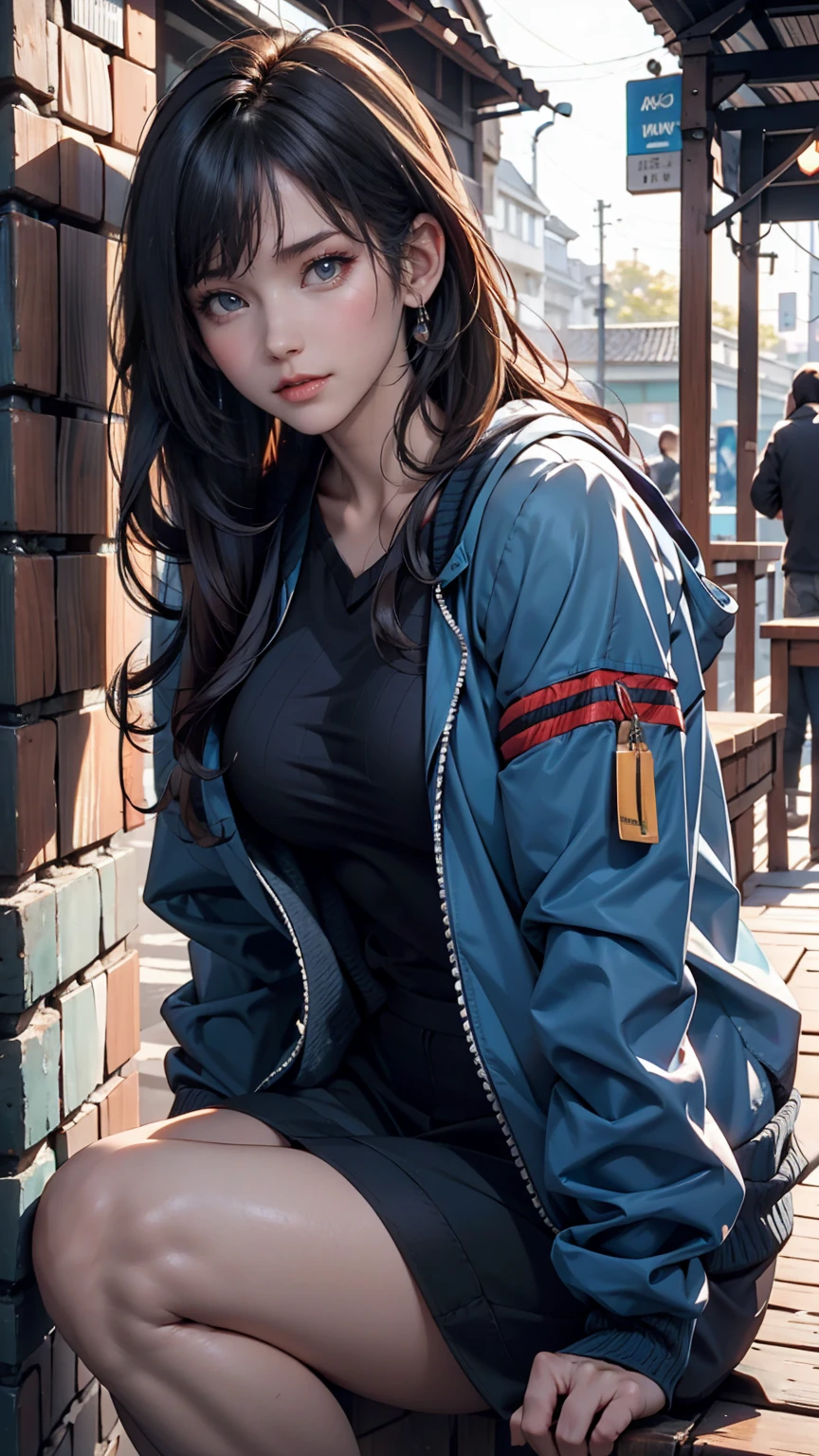 Asian woman in a blue jacket leaning against a wall, Face close-up, Side light