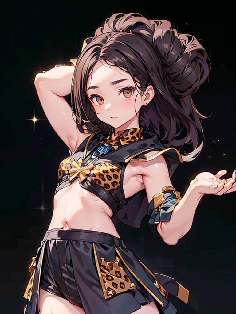 Black background with spotlight,１people々((White skin:1.5,Dark brown eyes:1.4,Black Hair:1.3,Gal Style,big ,)), Leopard print underwear、rinwell , beautiful girl、Raise your hands to show your sweaty armpits,