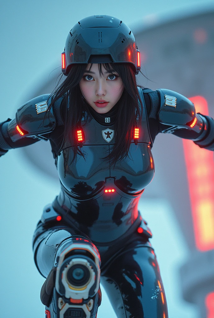 photo-realistic, ultra-realistic, very beautiful Japanese futuristic soldier, famous Japanese idol, 25 years old, dramatic scene, masterpiece, beautiful eyes, roller skating On the nasa's giant parabolic antenna, (cyber punk glossy intricated complex mecha hard armor suits with neon sign), acrobatic pose, dynamic angle, dangerous place, (face focus),