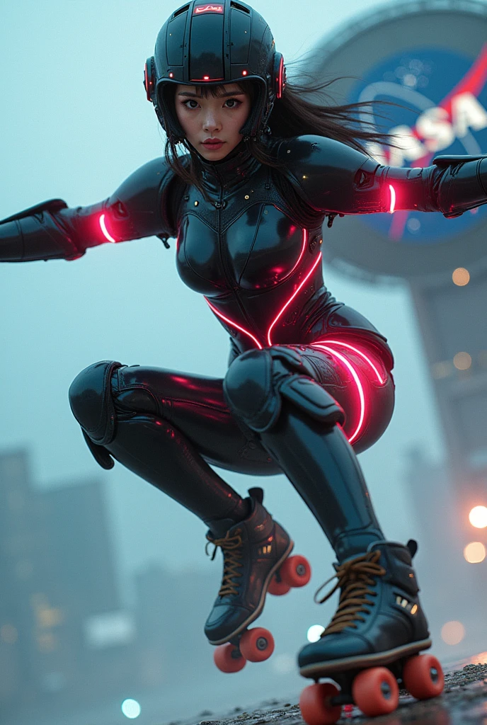 photo-realistic, ultra-realistic, very beautiful Japanese futuristic soldier, famous Japanese idol, 25 years old, dramatic scene, masterpiece, beautiful eyes, roller skating On the nasa's giant parabolic antenna, (cyber punk glossy intricated complex mecha hard armor suits with neon sign), acrobatic pose, dynamic angle, dangerous place, (face focus),