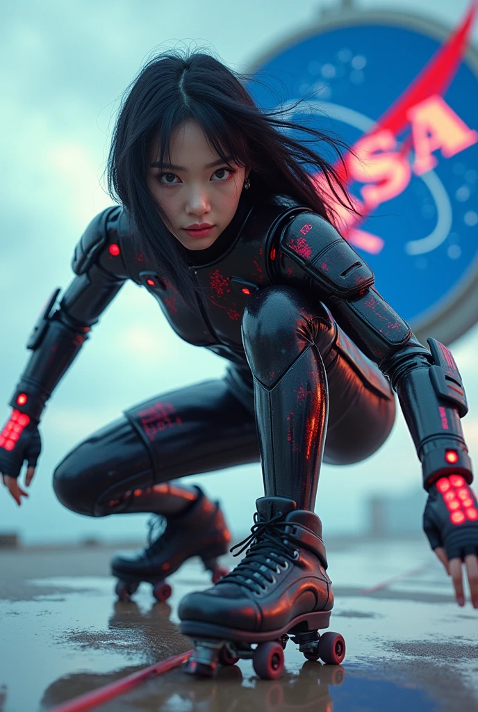 photo-realistic, ultra-realistic, very beautiful Japanese futuristic soldier, famous Japanese idol, 25 years old, dramatic scene, masterpiece, beautiful eyes, roller skating On the nasa's giant parabolic antenna, (cyber punk glossy intricated complex mecha hard armor suits with neon sign), acrobatic pose, dynamic angle, dangerous place, (face focus),