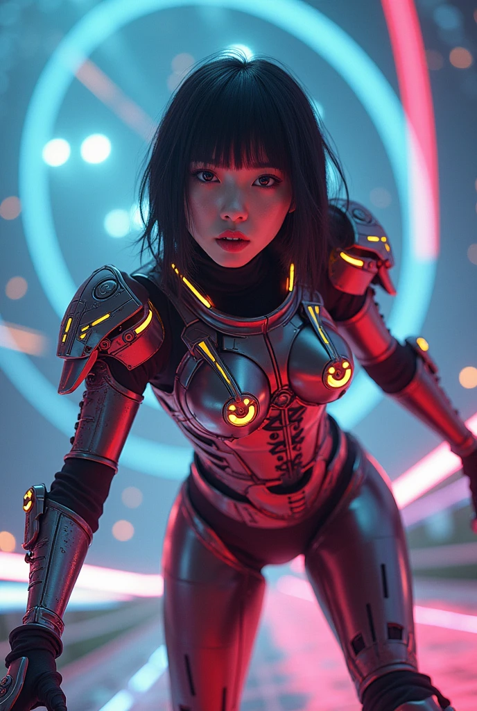 photo-realistic, ultra-realistic, very beautiful Japanese futuristic soldier, famous Japanese idol, 25 years old, dramatic scene, masterpiece, beautiful eyes, roller skating On the nasa's giant parabolic antenna, (cyber punk glossy intricated complex mecha hard armor suits with neon sign), acrobatic pose, dynamic angle, dangerous place, (face focus),