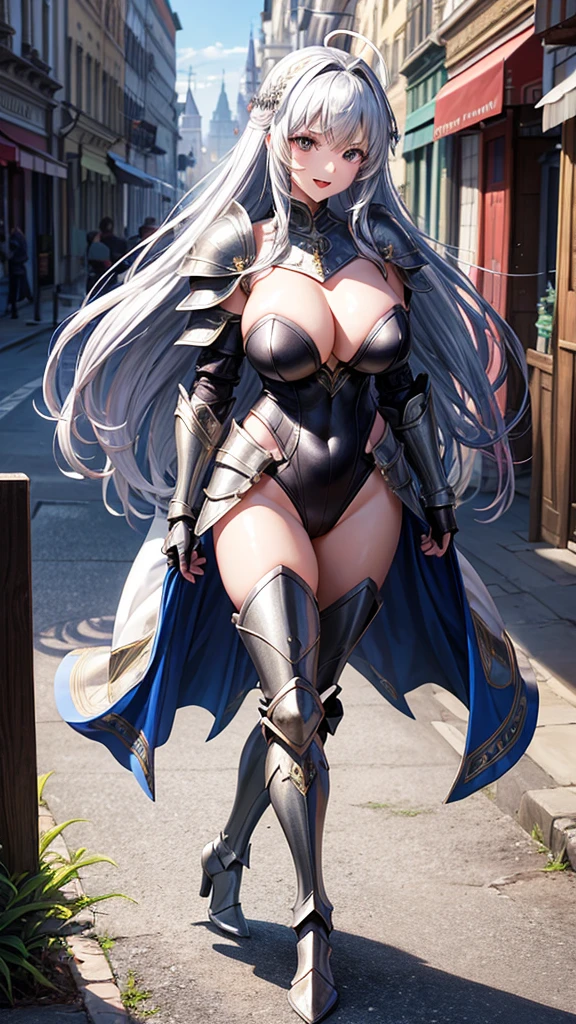 Woman knight、a beauty girl、huge tit、Excellent style、Nice Buddy、glamorous、leotard、s Armor、Shoulder rest armor、Bra chest armor、knee boots、gauntlets、hair adornments、silber hair、Longhaire、Ahoge、is standing、full body seen 、Medieval city、Walking、slightly open mouth、a smile、