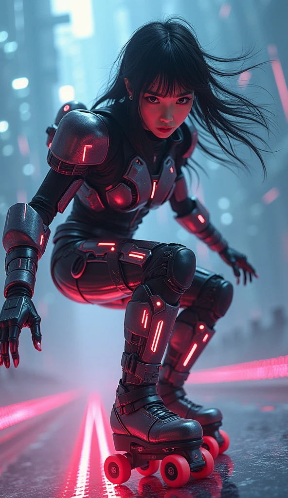 photo-realistic, ultra-realistic, very beautiful Japanese futuristic soldier, famous Japanese idol, 25 years old, dramatic scene, masterpiece, beautiful eyes, roller skating On the nasa's giant parabolic antenna, (cyber punk glossy intricated complex mecha hard armor suits with neon sign), acrobatic pose, dynamic angle, dangerous place, (face focus),