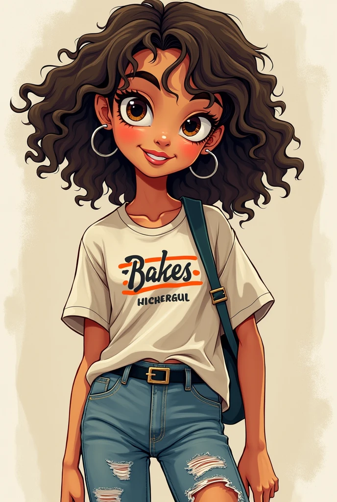 A girl with shoulder length curls in skater style
