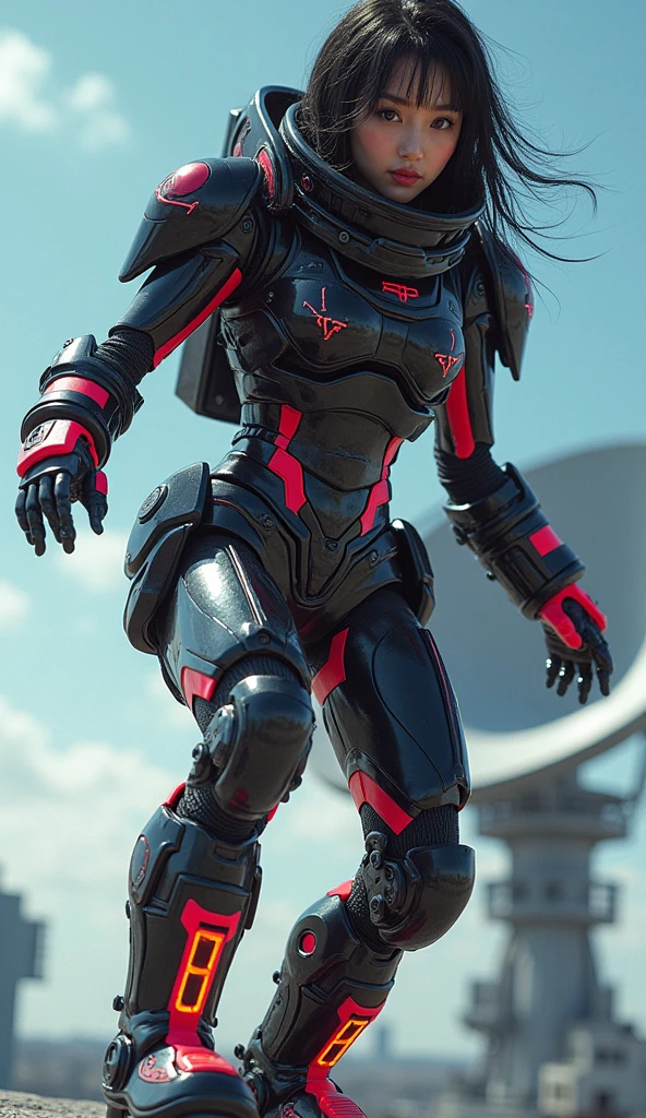 photo-realistic, ultra-realistic, very beautiful Japanese futuristic soldier, famous Japanese idol, 25 years old, dramatic scene, masterpiece, beautiful eyes, roller skating On the nasa's giant parabolic antenna, (cyber punk glossy intricated complex mecha hard armor suits with neon sign), acrobatic pose, dynamic angle, dangerous place, (face focus),