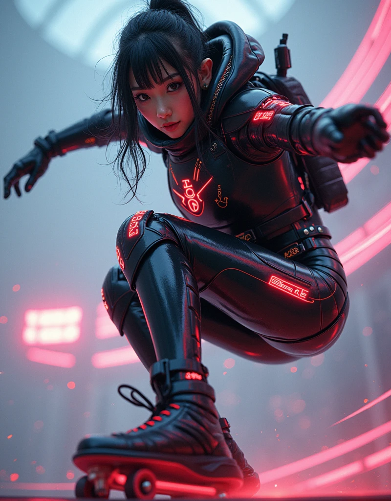 photo-realistic, ultra-realistic, very beautiful Japanese futuristic soldier, famous Japanese idol, 25 years old, dramatic scene, masterpiece, beautiful eyes, roller skating On the nasa's giant parabolic antenna, (cyber punk glossy intricated complex mecha hard armor suits with neon sign), acrobatic pose, dynamic angle, dangerous place, (face focus),
