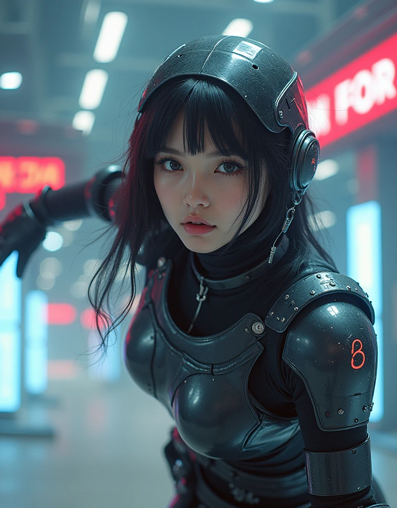 photo-realistic, ultra-realistic, very beautiful Japanese futuristic soldier, famous Japanese idol, 25 years old, dramatic scene, masterpiece, beautiful eyes, roller skating On the nasa's giant parabolic antenna, (cyber punk glossy intricated complex mecha hard armor suits with neon sign), acrobatic pose, dynamic angle, dangerous place, (face focus),