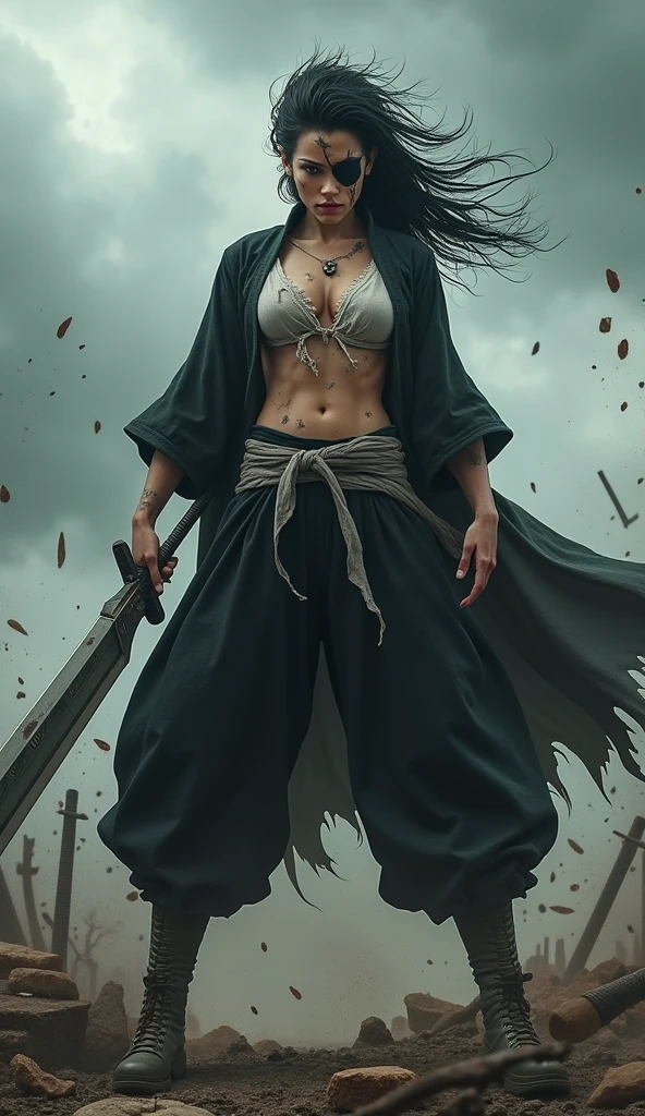 Create a live-action depiction of a female version of Kenpachi Zaraki. She has wild, spiked hair, a scarred face, and a powerful, imposing presence. She wears a torn, sleeveless haori that is extremely fitted around her enormous chest, with the fabric straining against her bust. The haori is cut off just below the chest, exposing her midriff, and is paired with tight, low-rise pants. Her eyepatch is stylized, and she wields a massive, jagged sword with a fierce, bloodthirsty expression.
	•	Background: A realistic battlefield littered with debris and broken swords, under a stormy sky.