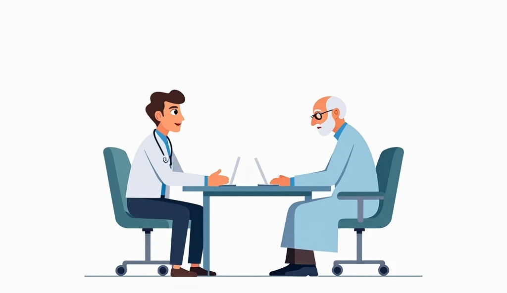 Minimalist UI illustration of An old doctor sat talking to a 30 years old male in hospital office, in a flat illustration style on a white background with bright color scheme, dribbble, flat vector