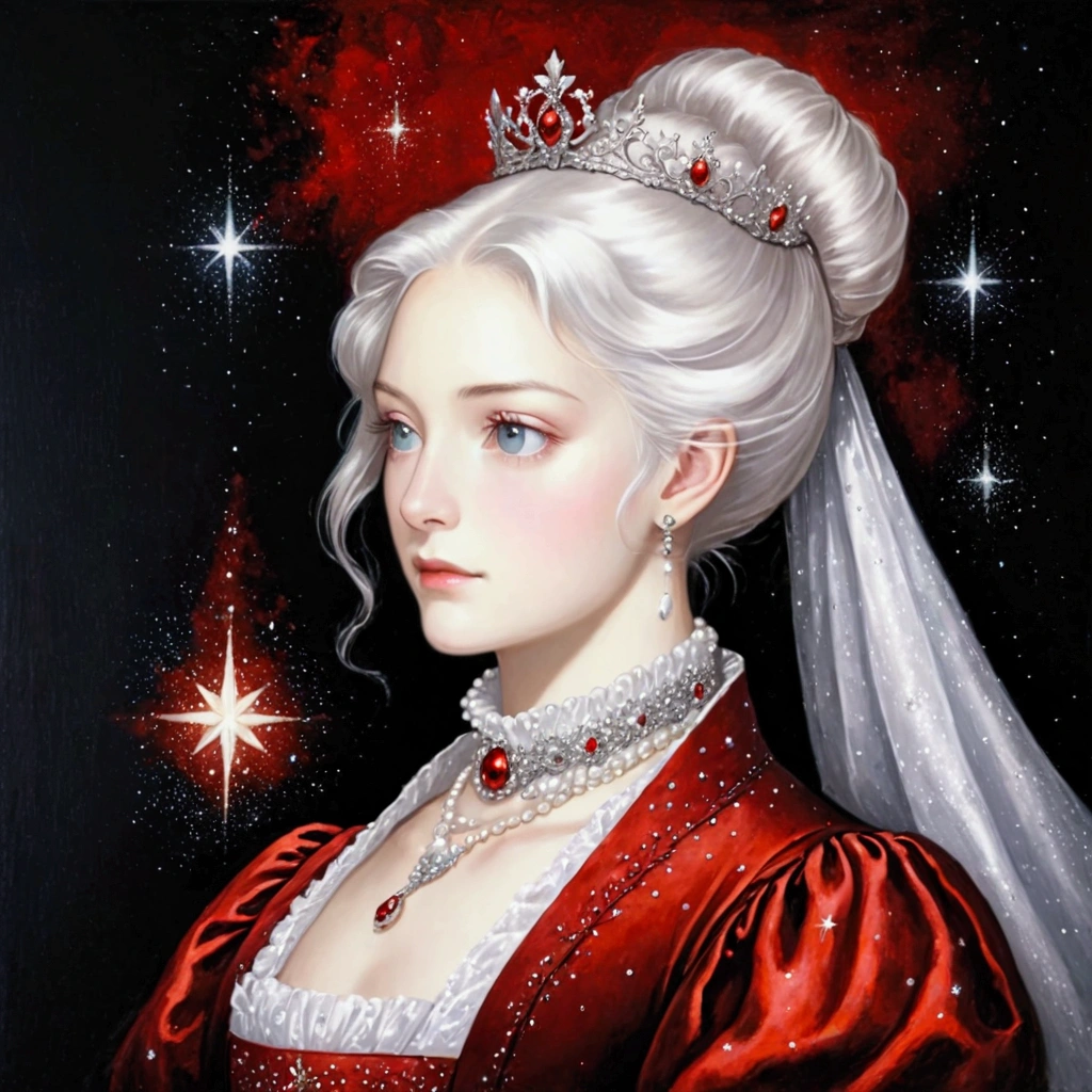 Oil painting, Renaissance, black background. 1girl, solo, upper body, portrait, long hair, white hair, single bun, crown, Victorian dress, red clothes, pearl choker. Sparkles stars, magic dust.