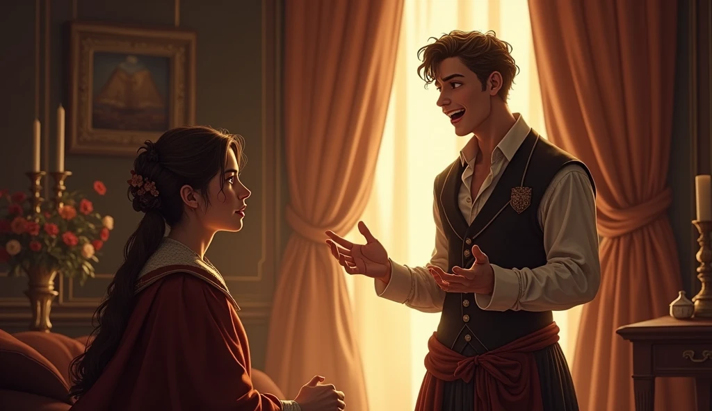 Cleanto, a young man of noble appearance dressed in elegant and refined clothes, is standing in the center of the room, with an expression of excitement and nervousness on his face. He is telling something important to his servant., who is sitting and shows an expression of surprise and attention. The servant is wearing modest clothes and his expression reflects interest and wonder.. The light is warm and soft, creating an intimate atmosphere. Cleanto could be using expressive gestures, and the servant is focused on him, listening carefully