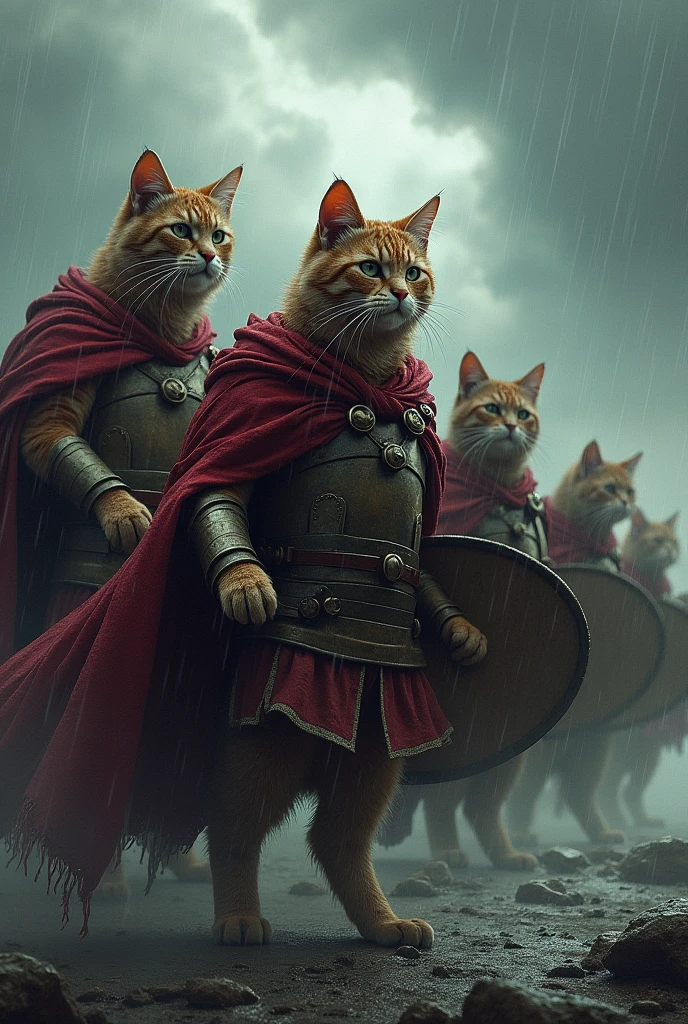 roman empire soldier cats with bad weather and they are struggling 