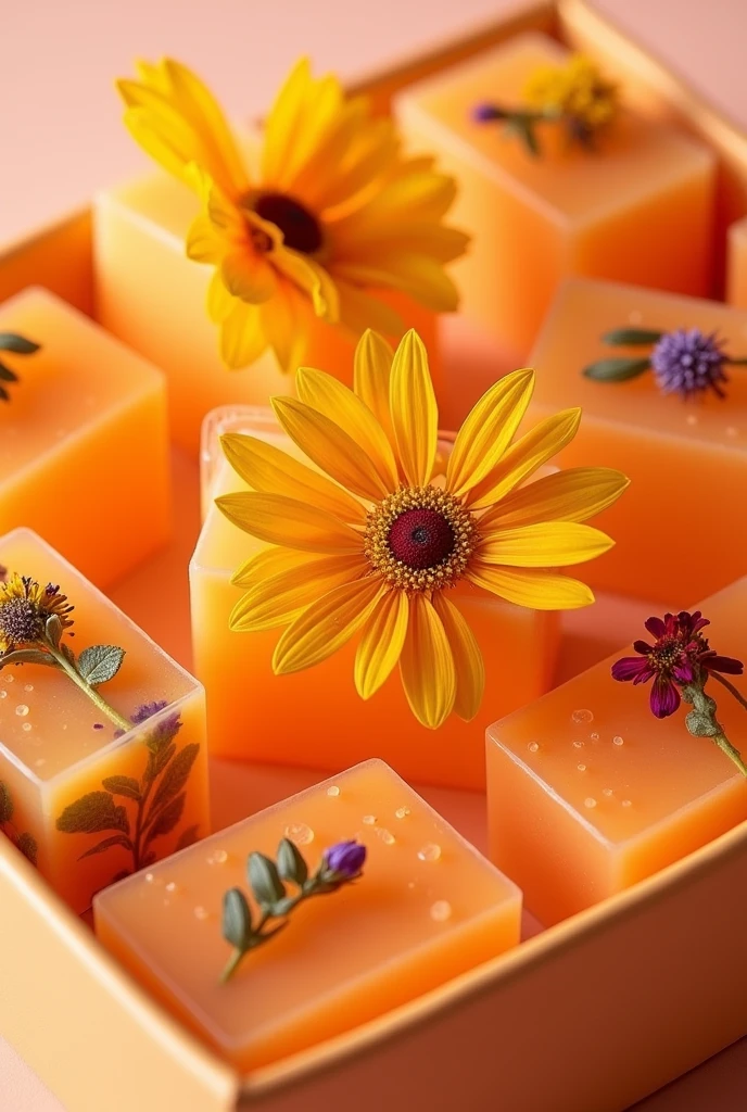 image packaging orange colored glycerin soaps with dried flowers