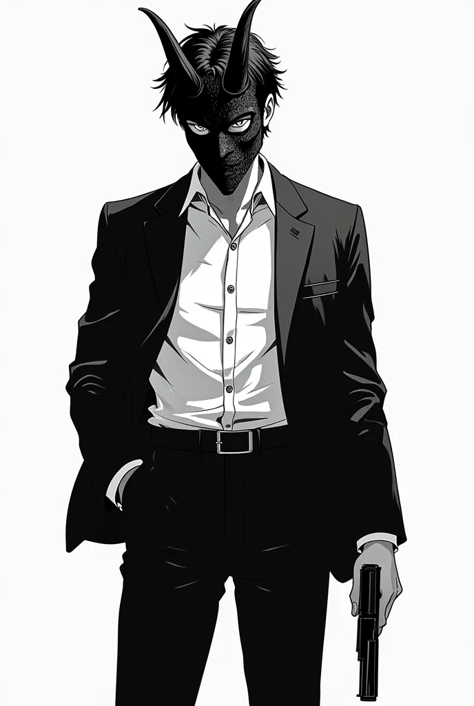 Draw a picture of a young man with black hair wearing a shirt and dress pants and a jacket and tie., He carries a gun in one of his hands and wears a devil mask on his face., Make the drawing in the style of a black and white manga
