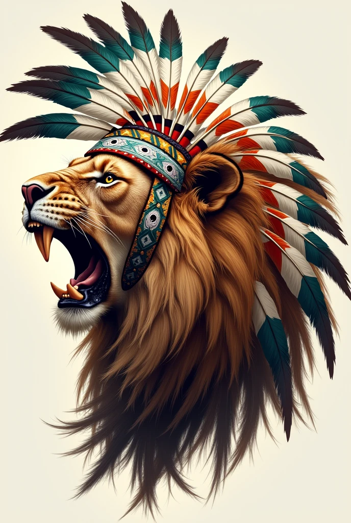 Right profile of a roaring Lion Head with a large indigenous colored feather headdress with the name EDUWIN G.