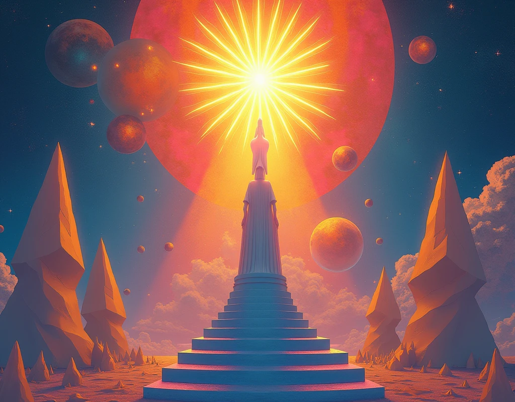 Celestial Herald's Ascent: Vibrant, surreal, abstract, geometric shapes, ascending figures, sunrise burst