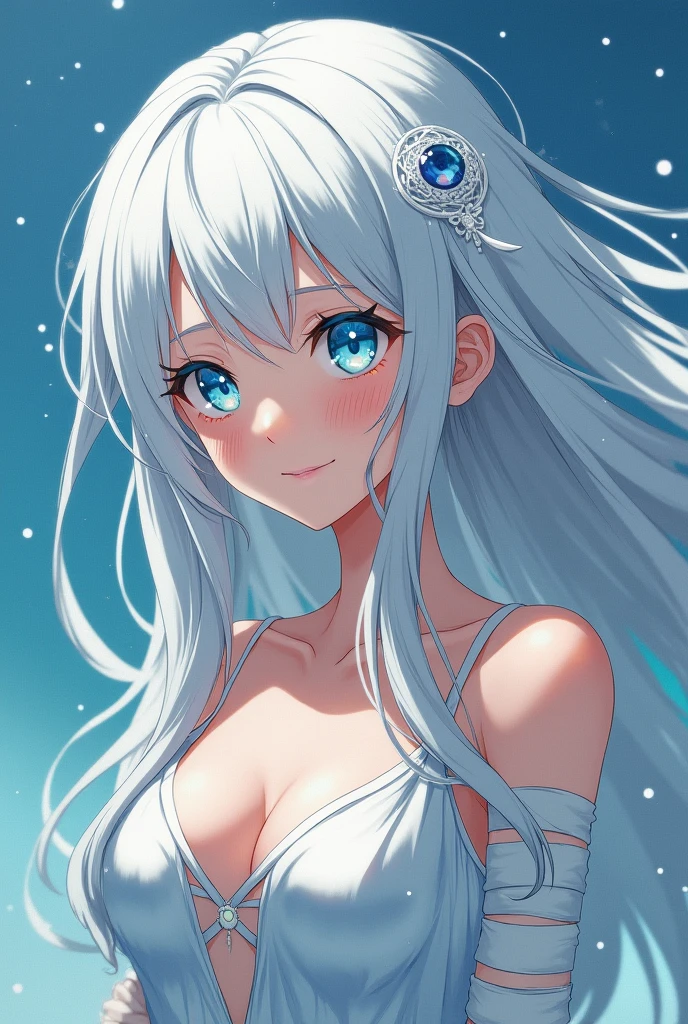Create an anime girl with long white hair, Dark blue eyes like the ocean, some bandages around her body as if she was injured, with a nice smile and with clothes