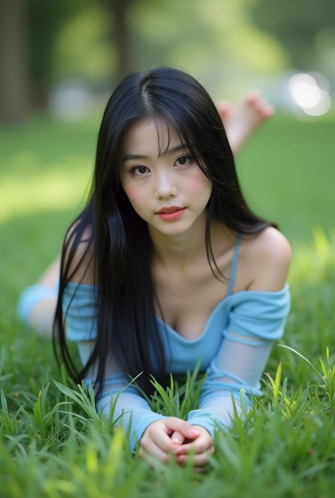 (full body shot:1) laying head forward down at the park grass, photorealistic image of a woman, ultrarealistic, photography, straight long black hair, asian woman, beautiful cute sexy asian 20 years old woman, hourglass figure, perfect body, Flirty look, natural big breasts, long eyelashes, cat eye make-up, double eyelids, sexy pose, erotic pose, seductive pose, big breasts, big tits , she wears a Full Print baby blue Mesh Off-Shoulder Long Sleeve Summer Top , shorts, beautiful scenery ,sexy pose,