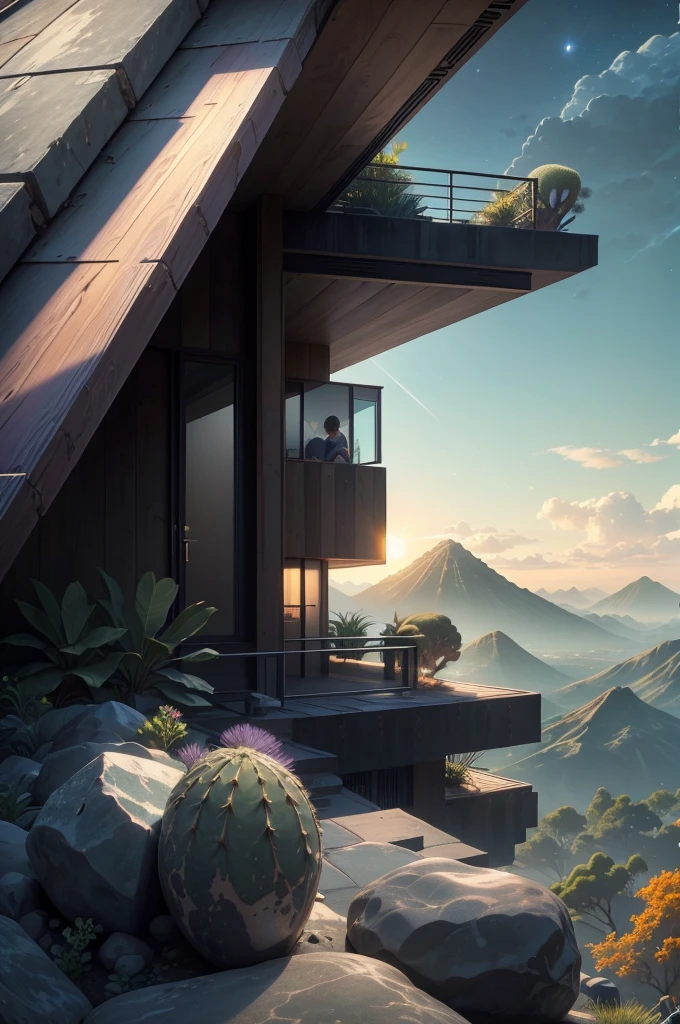 small and beautiful modern house in top of big boulders, terraces, pool, stairs, multiple cacti gardens, palms, trees, rocks, beautiful landscape design, mountains and volcano y background, amazing clouds, sun, moon, planets, milky way galaxy, concrete, wood, glass and steel materials, olive green, violet, orange and withe colors in facade