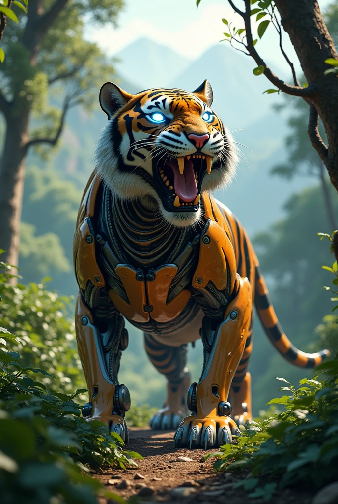 Photorealism 1.2 high definitions  high details bionic tiger robotic at jungle roaring at hills