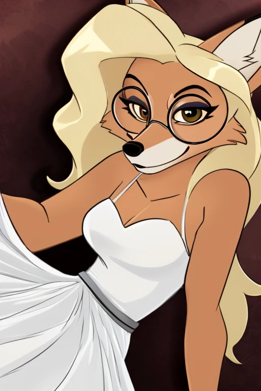 Female brown anthropomorphic fox, hair blonde, eyes large, seducing gaze, gazing at viewer, wearing a white dress, wearing round glasses, animation