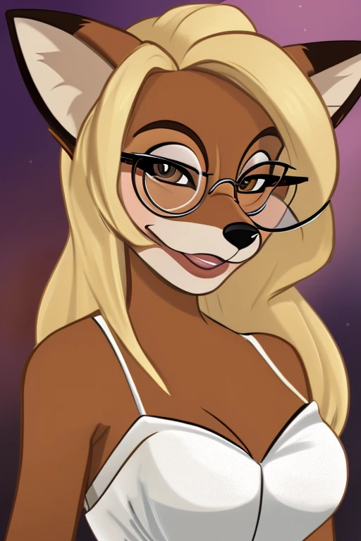 Female brown anthropomorphic fox, hair blonde, eyes large, seducing gaze, gazing at viewer, wearing a white dress, wearing round glasses, animation