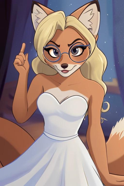 Female brown anthropomorphic fox, hair blonde, eyes large, seducing gaze, gazing at viewer, wearing a white dress, wearing round glasses, animation