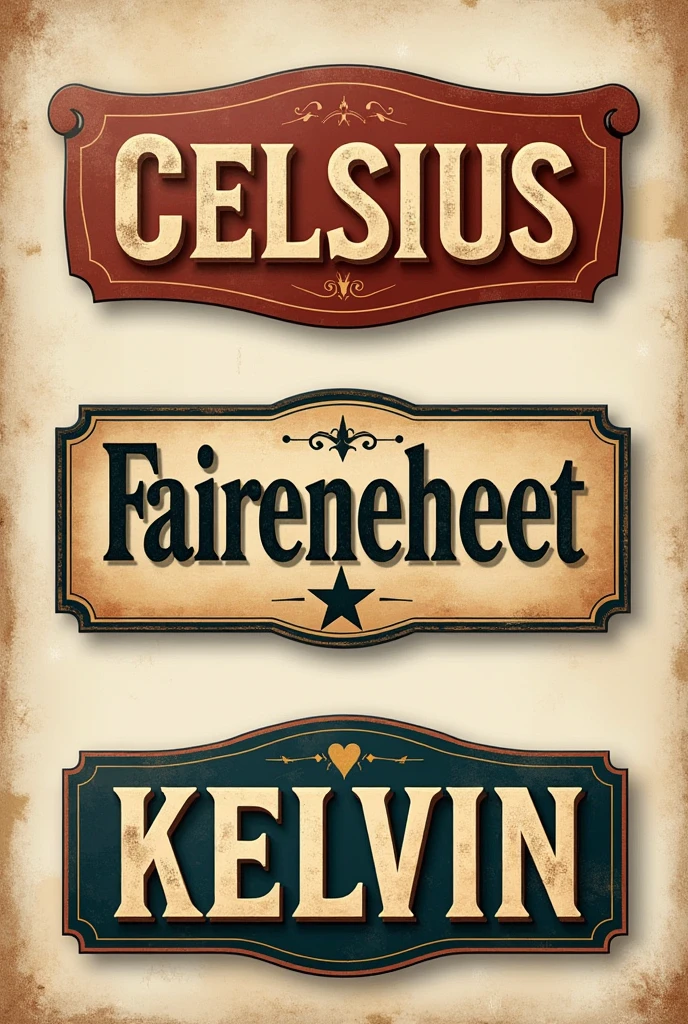generate this words into vintage word style stickers (make the words clear)


Celsius 
fahrenheit 
kelvin