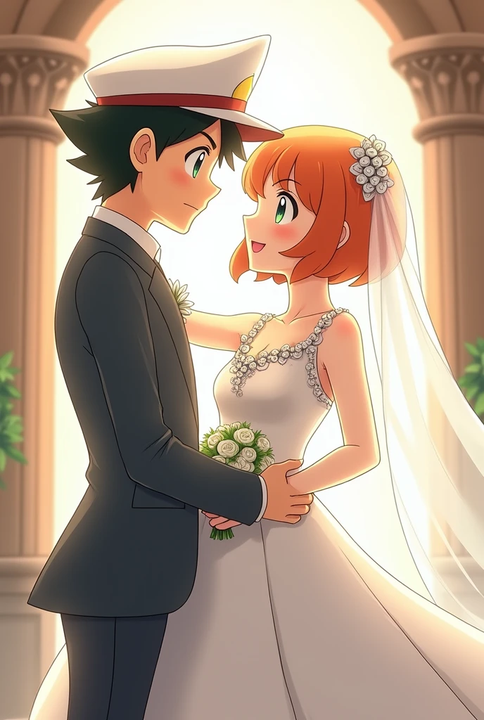 Draw Ash from Pokémon in a groom's suit in different drawing styles ,wearing a white cap and Misty in a beautiful wedding dress.
The dress has a fish fin style.
Let the bride's hair be short and orange ,Her eyes are green and she wears a long veil.
Let the background be soft and only the church bells can be seen Kiss