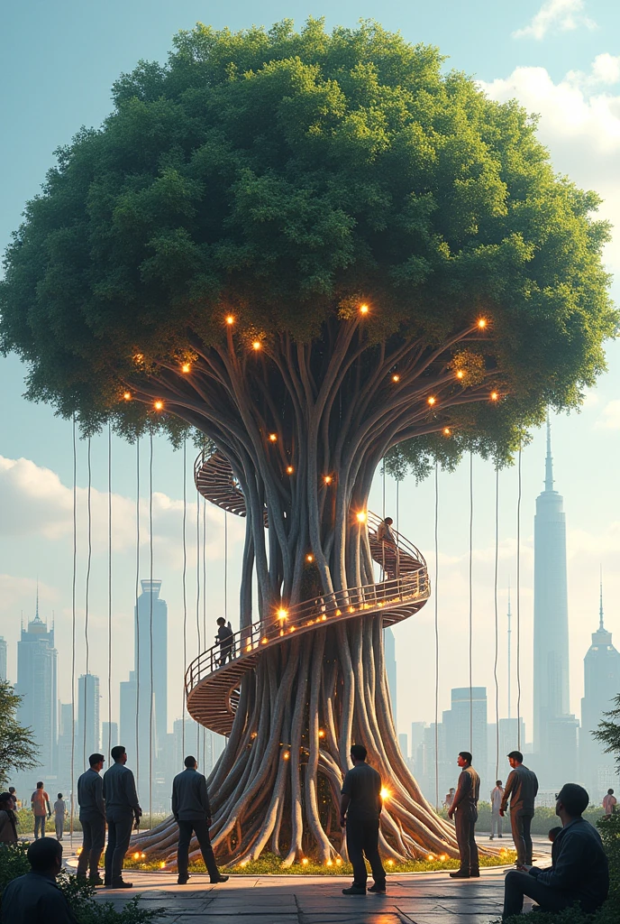 Workers helping and building a large tree with a metal structure and lights that represents the construction of the future of the people who see the leaves. Represent the future but in the form of a Christmas tree