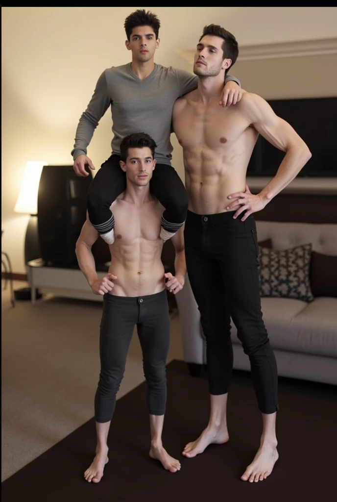The scene depicts a tall girl on the right side of the image, with two short men on the left side. One man is carrying the other man on his shoulder. In the background, there is a sofa set. The girl is topless and exposing her breasts and nipples. She has large breasts and ripped abs