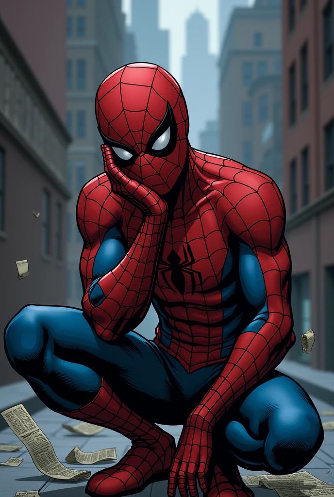 make an image of Spiderman having a doubt in Comics style