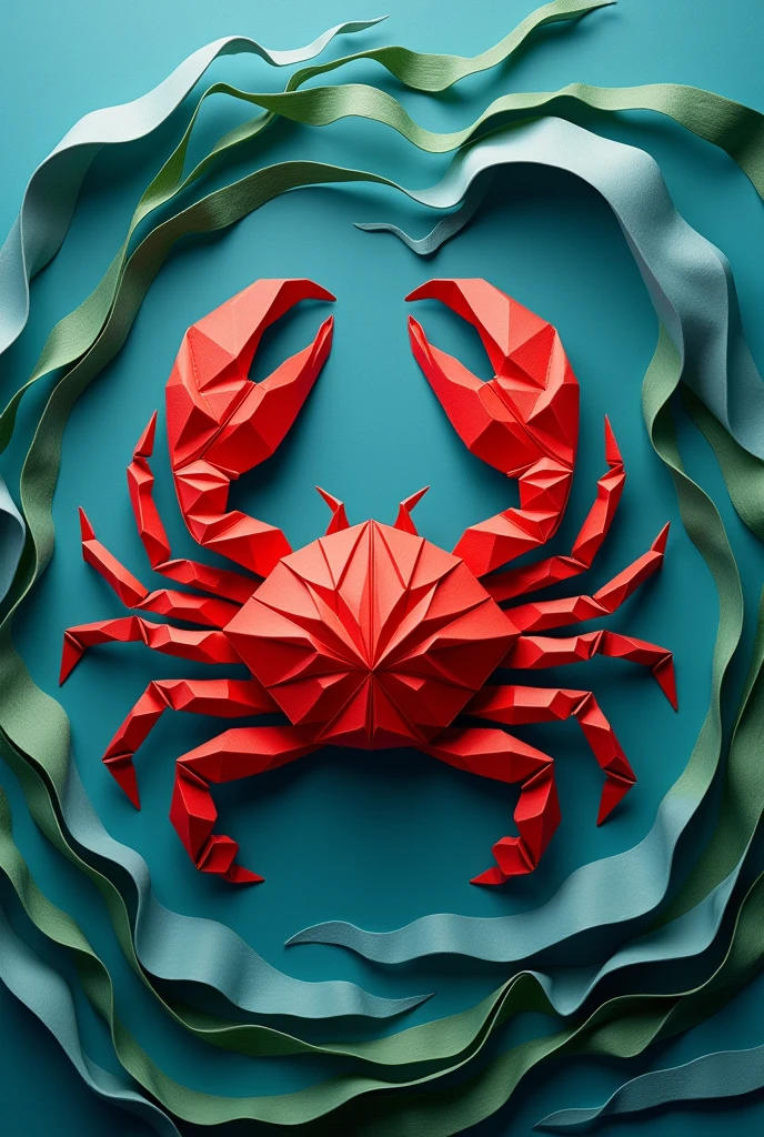 best quality, masterpiece, extremely detailed, origami, flatlay, red fiddler crab, water waves, seaweed,
