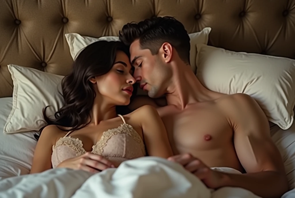 Magnificent detail, 8K Photos, hyper- realism, realistic background, visual depth, wide angle lens, professional light. {Boudoir shoot of a beautiful 23 year old woman, brunette, white-skinned, greeneyes, having sex under the duvet with a strong muscular virile black man. The woman has beautiful natural and soft breasts. And the beautiful thick muscular legs. The setting is a luxurious bedroom. new. Sex under the sheets. Facial expression of orgasm sexual pleasure, mouth half open moaning.
